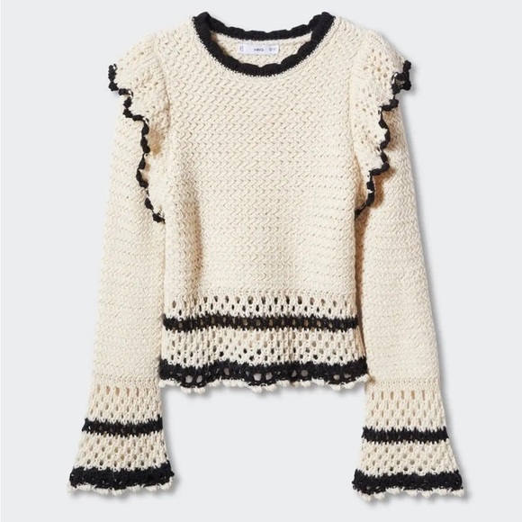 Mango Ruffle Flare Sleeve Sweater Open Knit Cream Black XS Crewneck Pullover - Picture 2 of 11